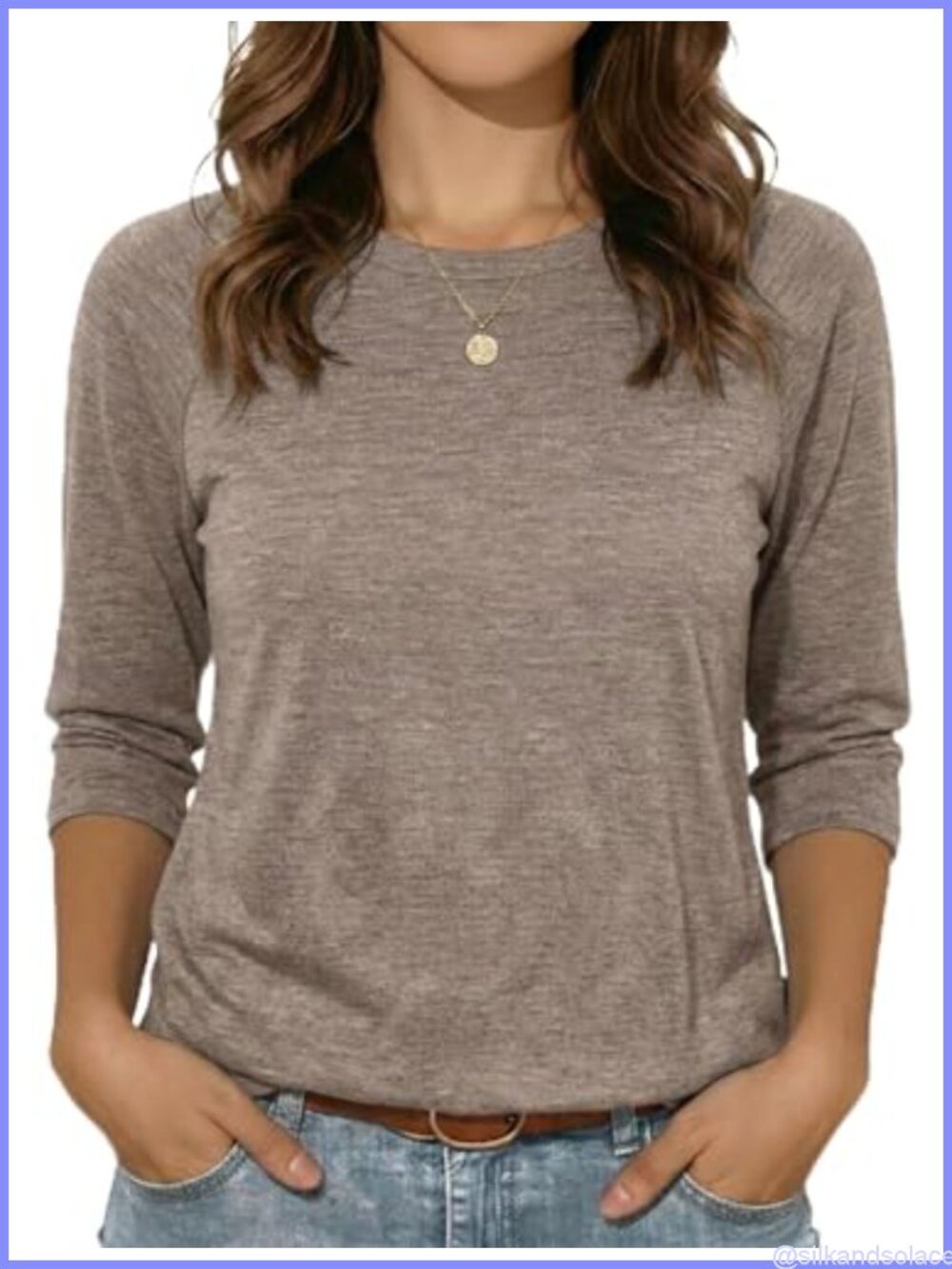 Womens 3/4 Sleeve Tunic Top Cotton Blend Side Slit Crew Neck Casual